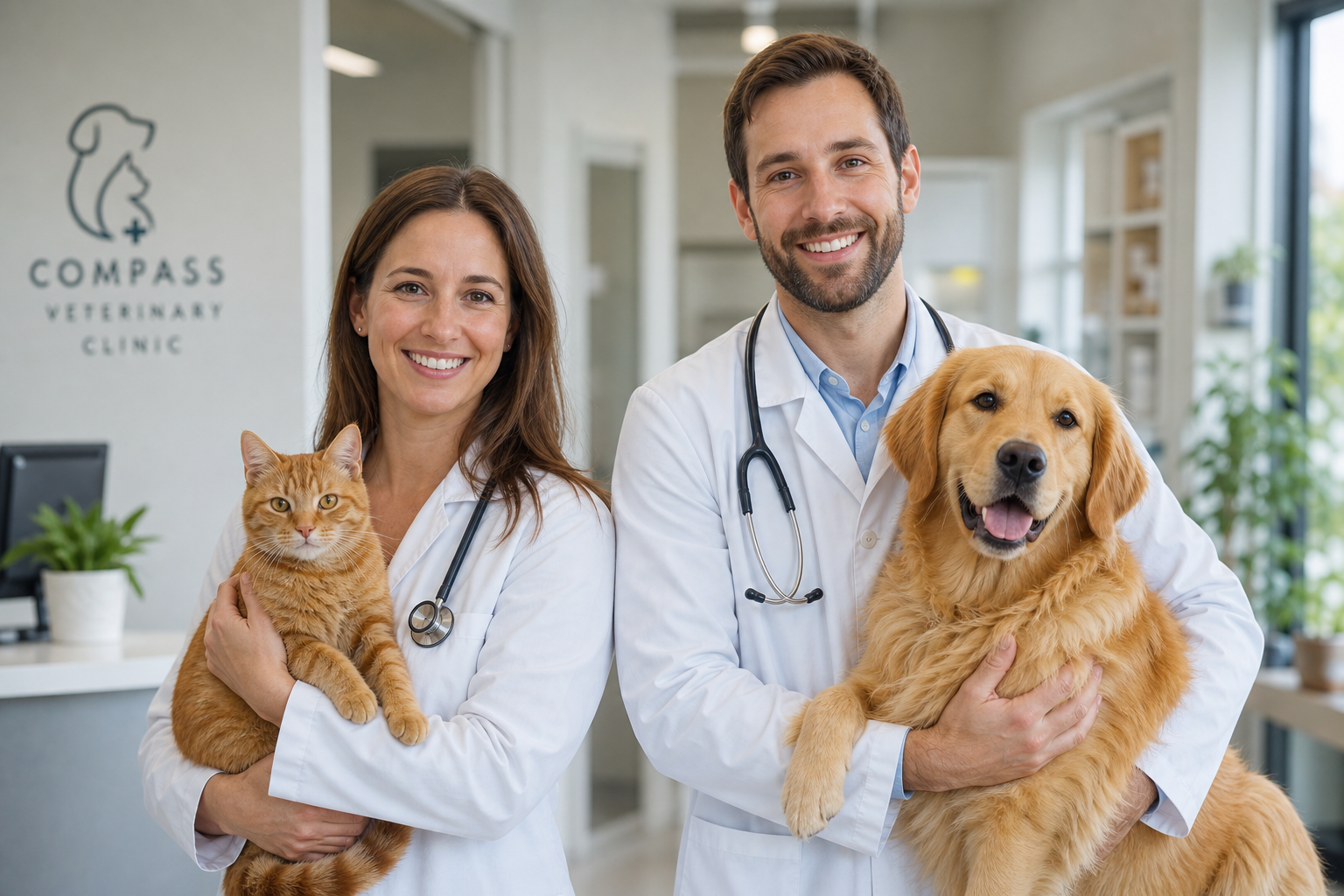 Due veterinari in camice, uno con un gatto e l'altro con un cane